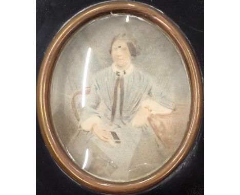 19thC Portrait miniature. Seated lady, watercolour, 7.5cm x 6cm, ebonised wooden frame.
