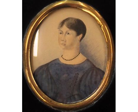 19thC portrait miniature. Head and shoulders of a young lady, watercolour, 6cm x 5cm, ebonised wooden frame.