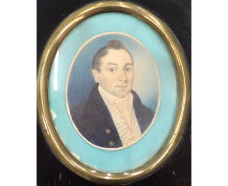 19thC Portrait miniature. Head and shoulders of a gentleman, watercolour, 6cm x 4.5cm, ebonised wooden frame.