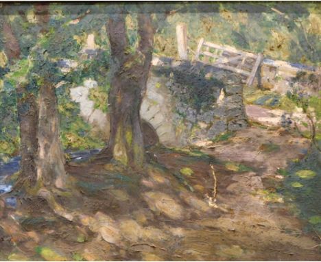 20thC British School. Woodland Bridge and gate (A Wood), oil on canvas, 40cm x 50cm. Artist label verso 3 Sinclair Gardens.