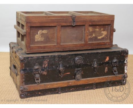 A Vintage wood bound travelling trunk, 33cm H x 93cm W x 53cm D, with a smaller trunk (2)