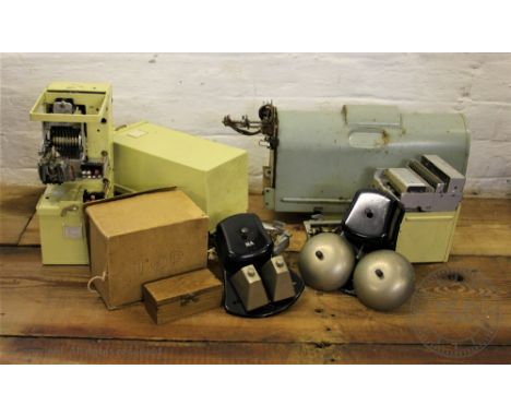 A collection of vintage telephone and GPO equipment, to include a telephone set 'F' MK II, a walnut wall exchange with twin b