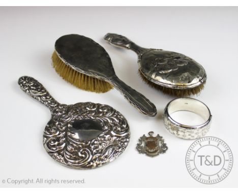 A selection of silver items comprising; a silver presentation fob, Birmingham 1899, engraved verso 'Presented to Albert Hill 