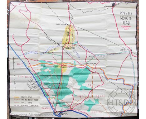 An original World War II brigade level orders sketch map of the Anzio landings in Italy, 280cm x 303cm, with a smaller map of