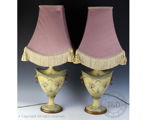 A pair of modern toleware style lamps, with floral detailing, with a pair of pink shades, lamps 47cm   CONDITION REPORT:  Lig