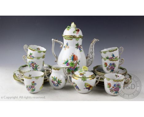 A Herend 'Queen Victoria' VBO coffee service comprising; a coffee pot and cover, 26cm high, a twin handled sucrier, 10cm high