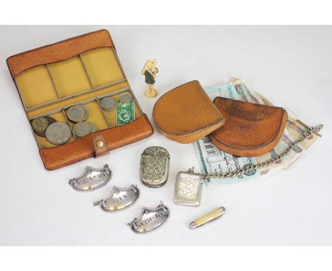 Three silver plated decanter labels; Whisky, Brandy and Gin, along with two silver plated vesta cases, a miniature pen knife,