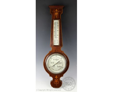 An Edwardian inlaid mahogany aneroid barometer, with thermometer, 59cm
