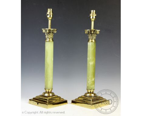 A pair of brass and onyx column table lamps, 48cm   CONDITION REPORT:  Lighting lots are sold as decorative items only, prosp