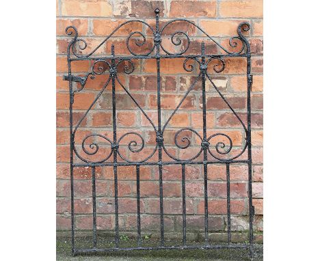 A black painted wrought iron garden gate, with scroll detail, 111cm x 85cm