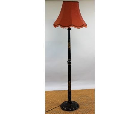 A 1920's century chinoiserie lacquered standard lamp, decorated with figures and flowers, with later shade, lamp 157cm   COND