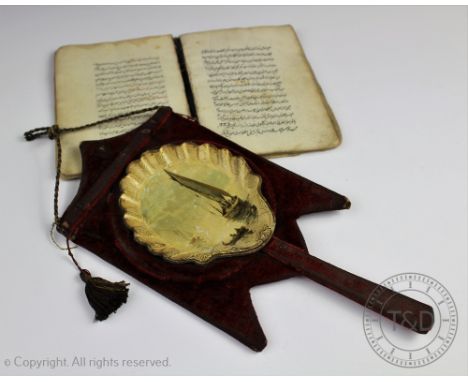 An Arabic manuscript on paper, Quran, mid 19th century, leather bound, and a Victorian papier mache painted collection tray u