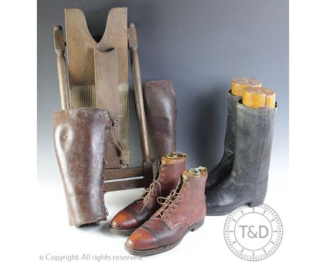 A pair of Gentlemans tan leather boots, with trees, with two pairs of black leather boots, two pairs of tan gaiters, various 