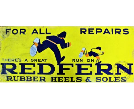 A large Redfern vitreous enamel advertising sign, 'For all repairs, there's a great run on Redfern rubber heels & soles', wit