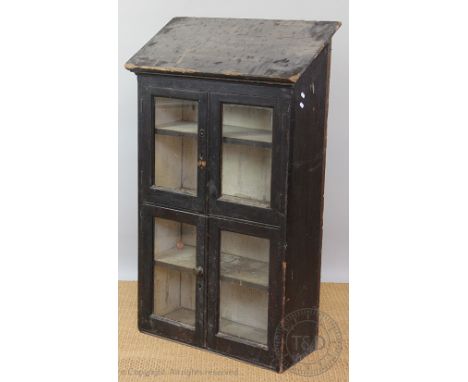 A Victorian painted pine vintage kitchen cabinet, with sloping top above four glazed doors, 122cm H x 74cm W (as found)