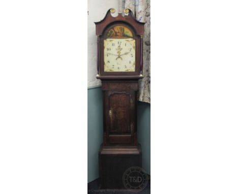 A George III oak 30 hour longcase clock, the painted dial signed Ja Halt Belper, with movement striking on a bell, in an inla