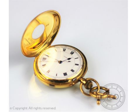 An 18ct gold half hunter pocket watch, Chester 1907, outer case with blue enamelled Roman numerals enclosing white enamel dia