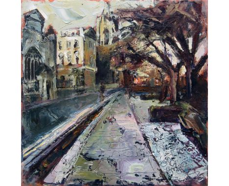 Susan Isaac, "Peterhouse, Cambridge", 30 x 30cm, c. 2021. This autumnal view of Trumpington Street as it passes Peterhouse ha