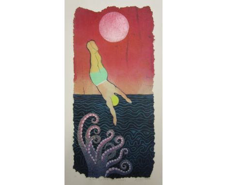 Jim Anderson, "The ocean fights back (dedicated to H. P. Lovecraft",  mixed media print on handmade paper, 79 x 49cm, c. 2019