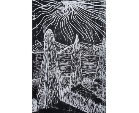 Lorraine Wiseman, "Ring of Brodgar", proof of print, hand printed landscape, 29 x 42cm. UK shipping £35.