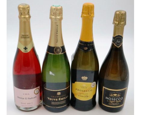 Three 75cl bottles of champagnes and Prosecco including a Rose example and a 75cl bottle of alcohol free prosecco. Not availa