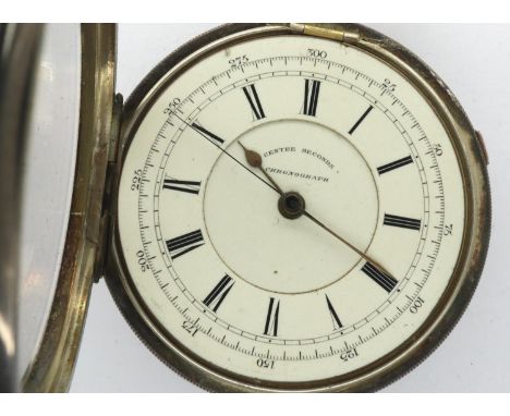 Hallmarked centre seconds chronograph pocket watch, 77g, not working at lotting. P&amp;P Group 1 (£14+VAT for the first lot a