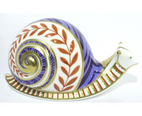 Royal Crown Derby first quality snail, with gold stopper, L: 14 cm, no cracks or chips. P&amp;P Group 1 (£14+VAT for the firs