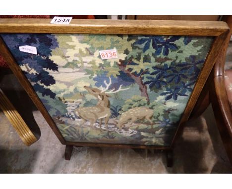 Oak framed tapestry firescreen table, 50 x 65 cm. Not available for in-house P&amp;P 