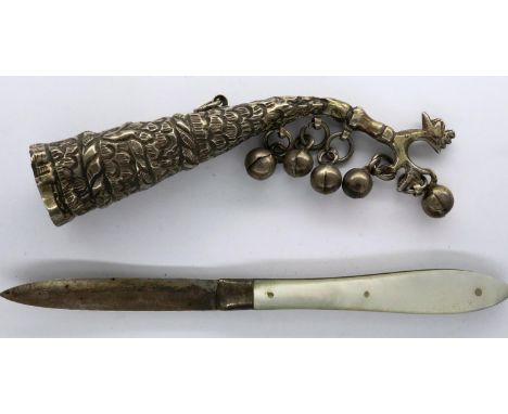 Hallmarked silver and Mother of Pearl fruit knife and a presumed hallmarked silver rattle, largest L: 11 cm, combined 40g. P&