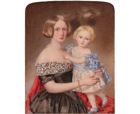 λ William Egley (1798-1870)Portrait miniature of Mrs Hay and her daughterIn a burr wood frame with arched mount130 x 103mm++S