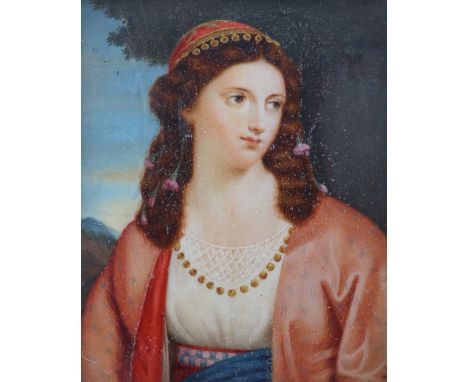 λ Continental School 19th Century Portrait miniature of a lady, half length wearing middle eastern dress in a landscapeIn a g