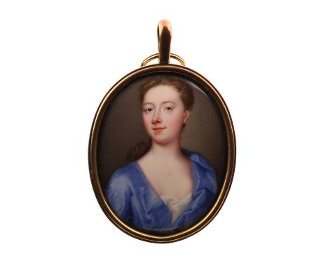 Christian Friedrich Zincke (German 1683-1767)Portrait miniature of a lady, head and shoulders, in a blue and white décolleté 