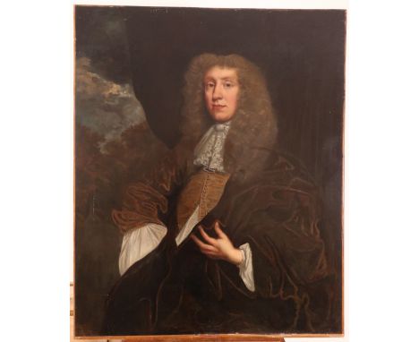 Circle of John GreenhillPortrait of a gentleman, half length in wig and brown cloak, previously thought to be John Collins (1