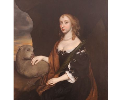 Circle of Sir Peter LelyPortrait of Elizabeth Baskerville neé Griffin, seated with a pet lamb in a landscapeOil on canvas104 