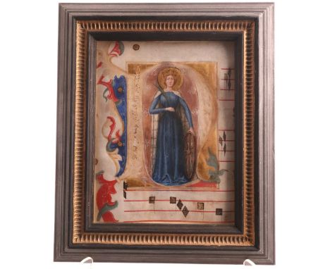 Italian School 14/15th CenturyHistoriated initial 'D' Depicting St. Catherine cut from an antiphonaryPen, ink and watercolour