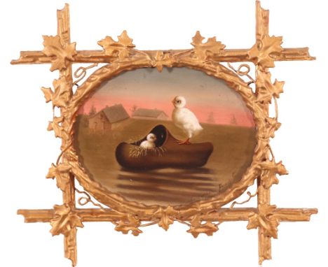 Carlo Coppini (Italian)Two chicks nesting in a clog in front of a sunsetSignedOil on board, oval in a pierced, ivy decorated 
