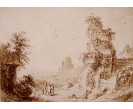 Continental School 18th CenturyFigures by a ruin in an Italianate landscapePen, sepia ink and wash22.5 x 31cm; 9 x 12inProven