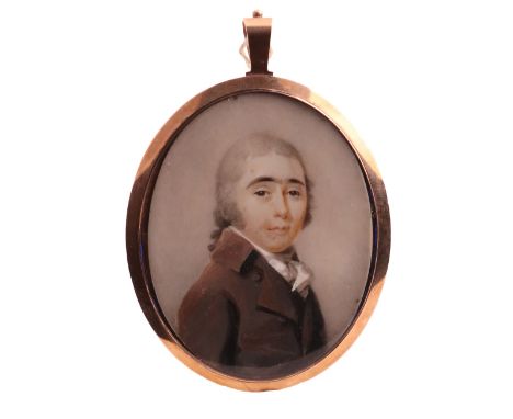λ English School Early 19th CenturyPortrait miniature of a gentleman, head and shoulders in a brown coatOval, in a gilt frame