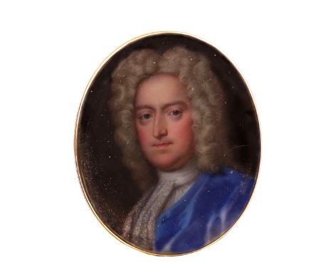 Christian Friedrich Zincke (German 1683-1767)A gentleman, bust length, in a full wig, blue coat and lace cravatEnamel, oval, 