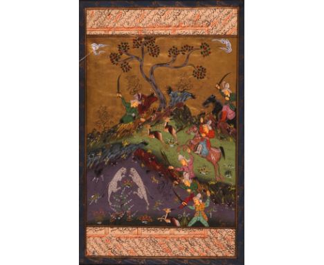Indian School 19/20th Century Hunting scene with figures on horseback and figures with swordsGouache heightened with gold pai