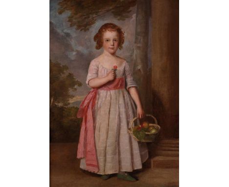 Thomas Maynard (1752-1812)Portrait of a girl, full length, wearing a pink sash and holding a basket of applesSigned and dated