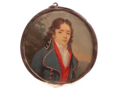 λ English School 19th CenturyPortrait miniature of a young man, half length, wearing a blue coat and a red waistcoatCircular,