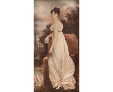 λ Continental School 19th centuryPortrait miniature of a lady, full length, standing in a landscape, in a white dressRectangu