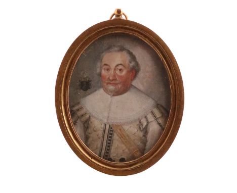 λ French School c 1634Portrait miniature of a nobleman, head and shoulders, wearing a white embroidered jacket and wide lace 
