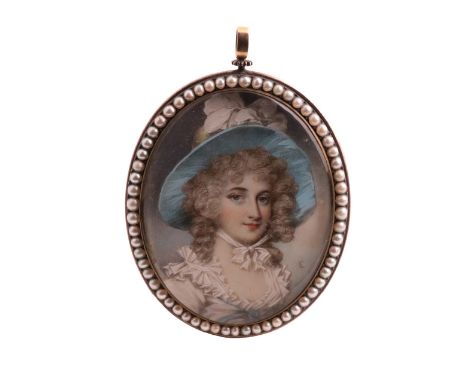 λ Follower of George EngleheartPortrait miniature of a lady, bust length in a white lace dress and blue hatOval, in a pearl b