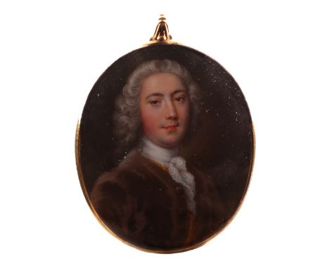 Christian Friedrich Zincke (German 1683-1767)Portrait miniature of a gentleman, almost half length,  powdered wig, brown coat