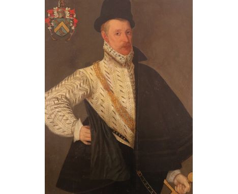 English School 16th CenturyPortrait of Richard Tomkyns (d.1605), half length wearing doublet and cape and decorated with a co