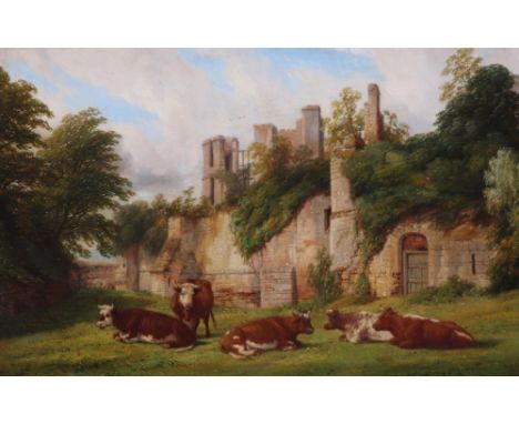 Thomas Baker of Leamington (British 1809-1869)A view of Kenilworth Castle with cows in the foregroundSigned and dated 1862Oil