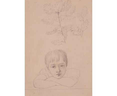 Peter Rittig (German 1789-1840)Portrait of a pensive boy with a study of a branch of an oak treePencil, with a Neo-Classical 