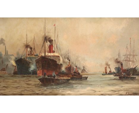 John Langstaffe (1849-1912)Shipping on the ThamesSignedOil on canvas30.5 x 50.5cm; 12 x 20in++Unlined, slightly loose on stre